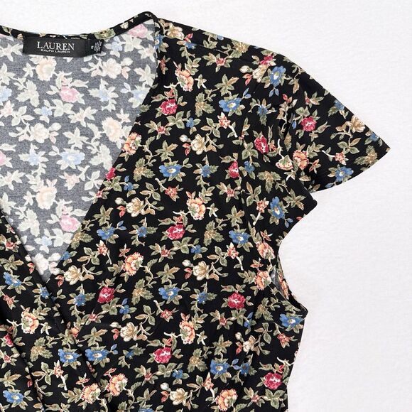 Lauren Ralph Lauren Dress Size 12 Black Floral Tiered Faux Wrap Cocktail Flutter - Picture 3 of 9